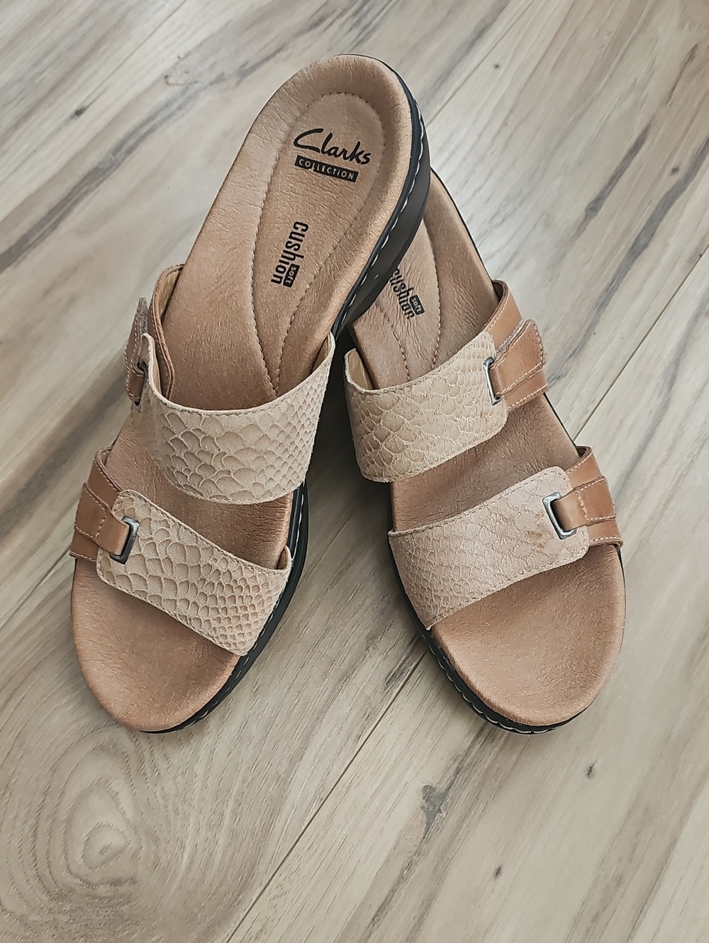Clarks Beige/Tan Double Strap Slide Sandals